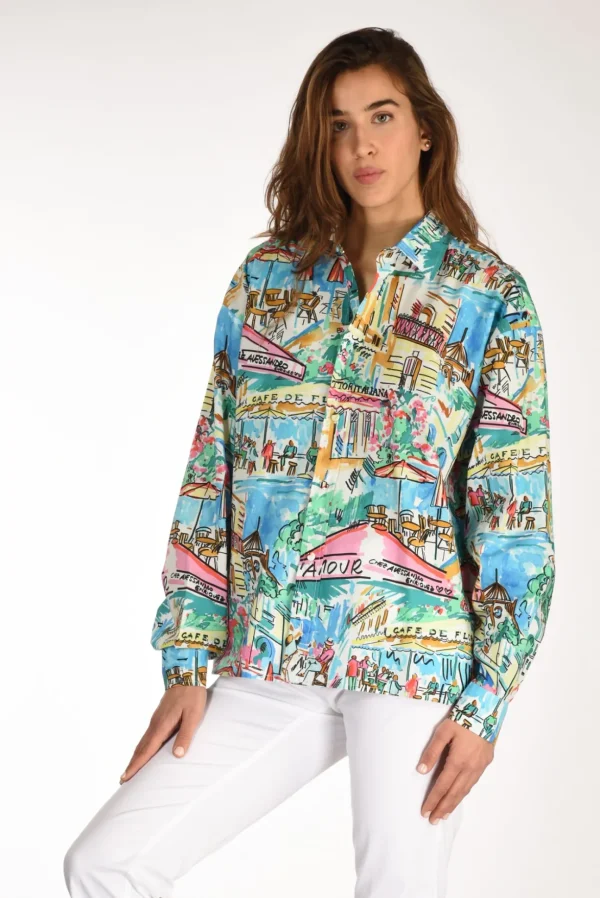camicia stampa azzurro/multicolor