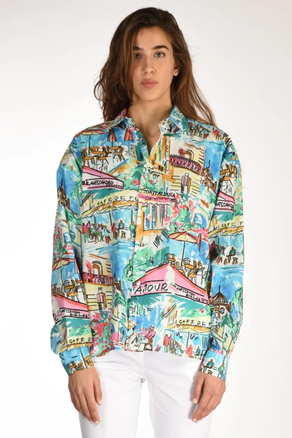 camicia stampa azzurro/multicolor