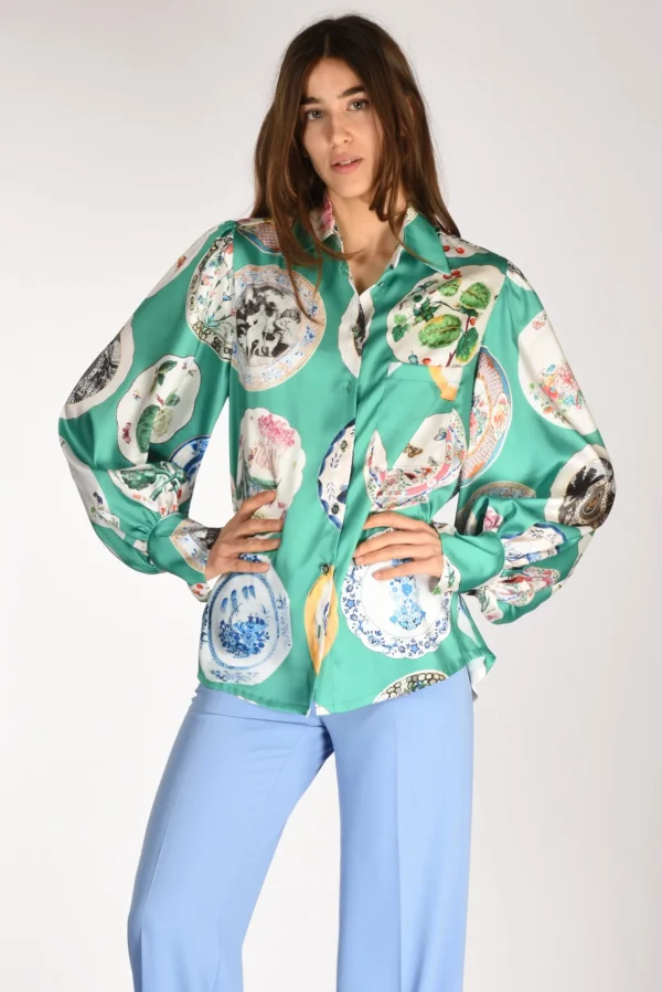 camicia stampa verde/multicolor
