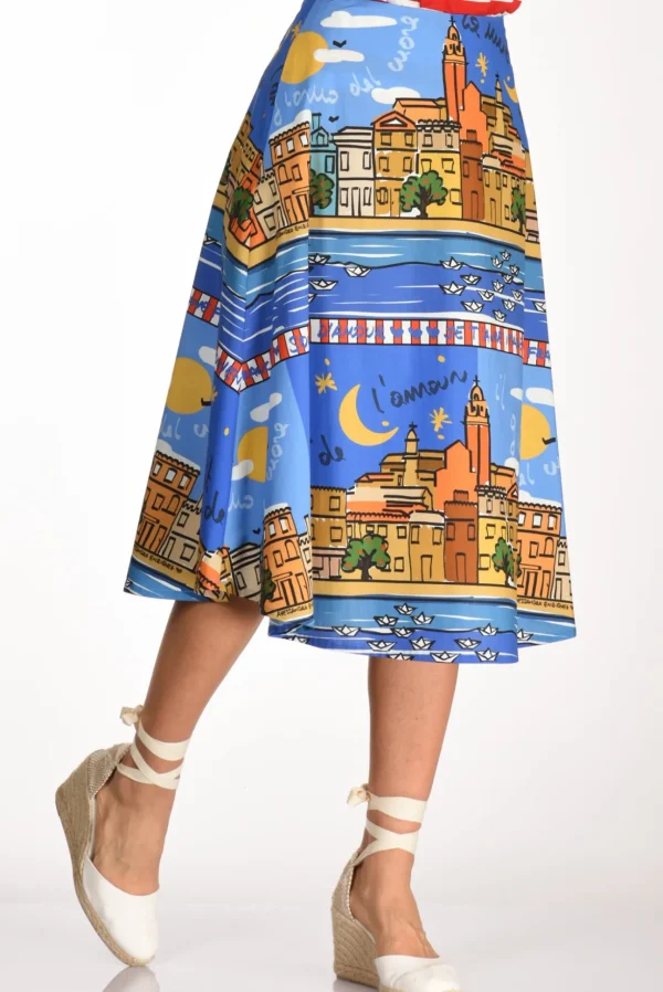gonna stampa blu/beige