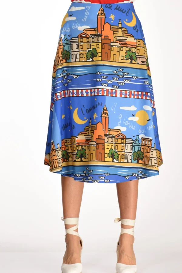 gonna stampa blu/beige