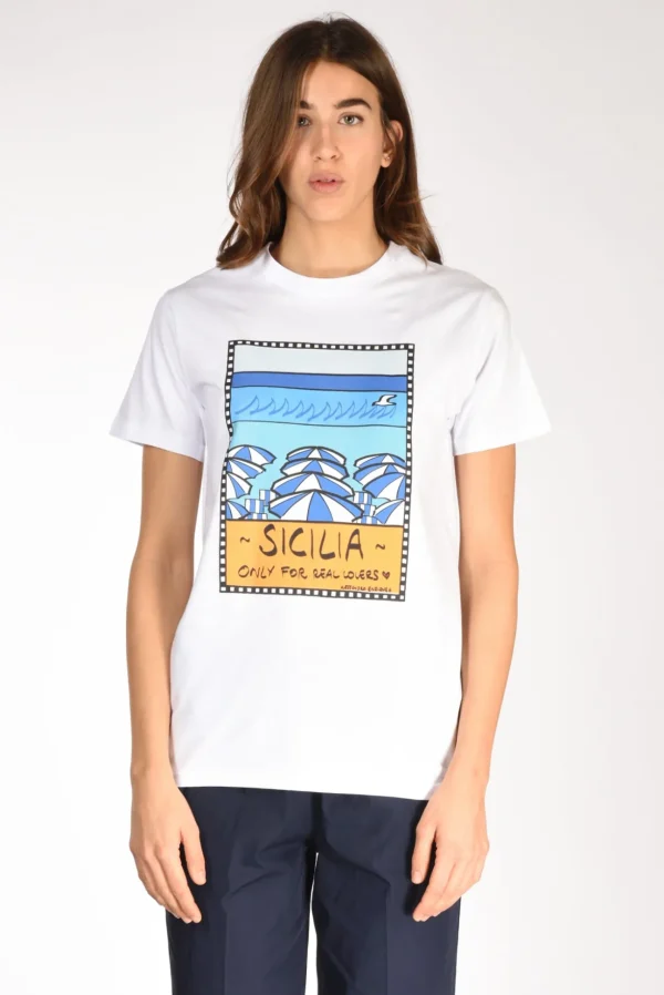 tshirt stampa bianco/arancio/azzurro