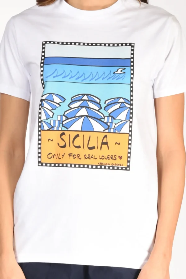 tshirt stampa bianco/arancio/azzurro